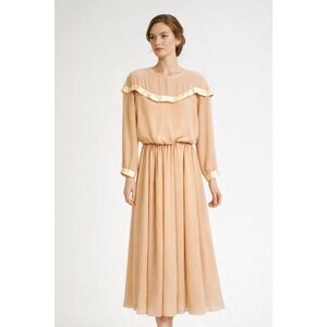 Vintage Peach Chiffon Midi Dress Long Sleeve Satin Trim Blouson Romantic